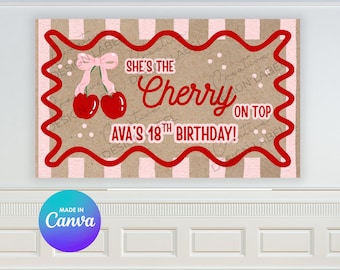 チェリーオントップバースデーバナーテンプレート｜DIYペイントサイン（デジタルダウンロード）