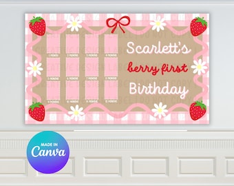 ベリーちゃんの1歳の誕生日を祝う月間マイルストーンバナー | 3フィート×5フィートのDIYペイントサイン | Canvaテンプレート デジタルダウンロード