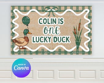 幸運のアヒルの誕生日バナーテンプレート | DIY Canvaサイン（デジタルダウンロード）