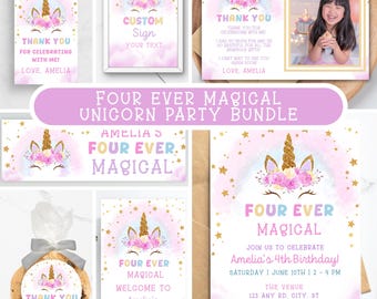 Four Ever Magical Birthday Bundle、パステルカラーのユニコーン招待状パーティーパッケージ、Canvaで編集