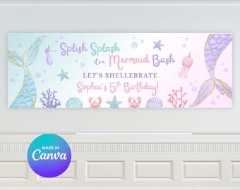 Banner de cumpleaños imprimible "Splish Splash It's A Mermaid Bash" (edición en plantilla de Canva) (descarga digital)