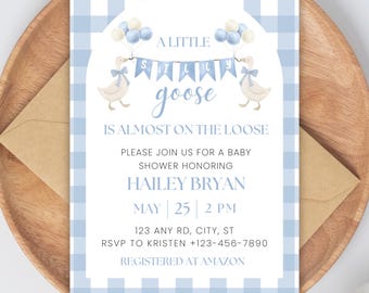 おかしなガチョウのベビーシャワー招待状、青いギンガムチェックの招待状、Canvaで編集