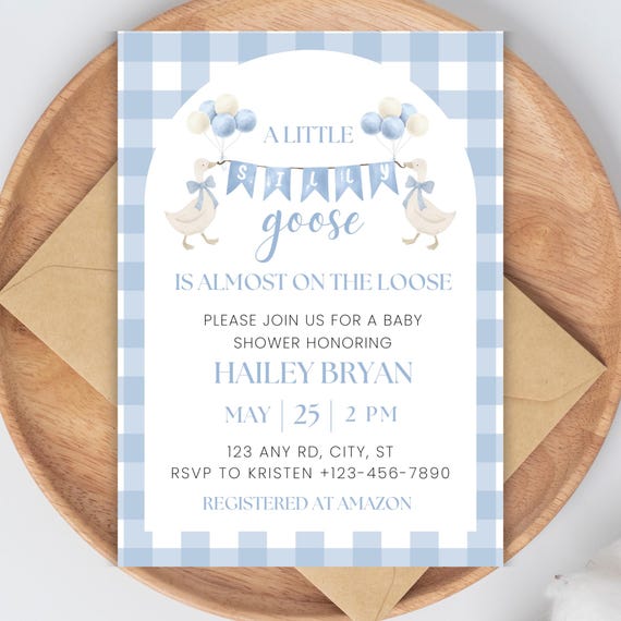 Silly Goose Baby Shower Invitation, Blue Gingham Invite, Edit in Canva