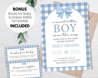 Blue Gingham Boy Baby Shower Invitation Canva Template, A Sweet Little Boy Is On The Way