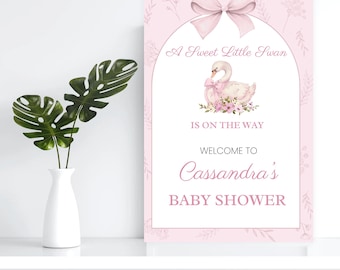 A Sweet Little Swan Is On The Way Baby Shower Welcome Sign Template, Edit In Canva