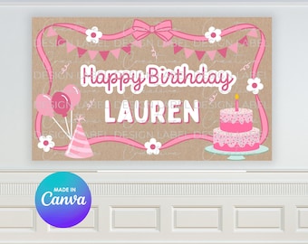 ハッピーバースデー ピンクケーキバナー | DIYペイントサインモックアップ 編集可能なCanvaテンプレート（デジタルダウンロード）