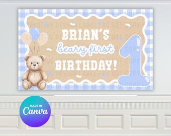 Blue Beary First Birthday Banner Template | Edit in Canva| DIY Painted Sign Digital Download