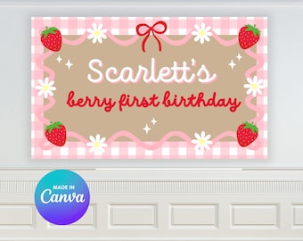 ベリーの1歳の誕生日テンプレート | 編集可能なCanvaバナー | 36x60 DIYペイントサイン | デジタルダウンロードのみ