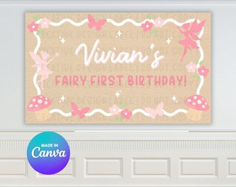 妖精の1歳の誕生日テンプレート | 編集可能なCanvaバナー | 36x60 DIYペイントサイン | デジタルダウンロードのみ