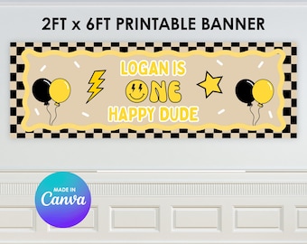 黄色いスマイリーのハッピーな男の子のプリントバナー｜Canvaテンプレート（デジタルダウンロード）