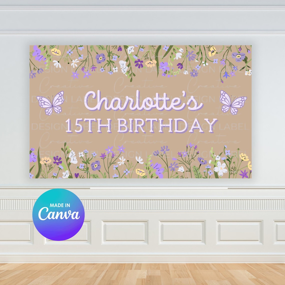 Purple Floral Birthday Banner Template | DIY Canva Sign (digital ...