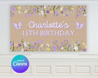 紫色の花柄バースデーバナーテンプレート｜DIY Canvaサイン（デジタルダウンロード）