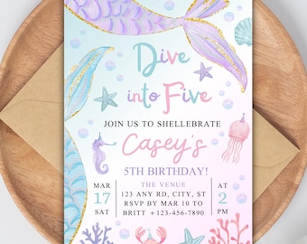 Plantilla de invitación de cumpleaños de sirena "Sumérgete en cinco", edita en Canva