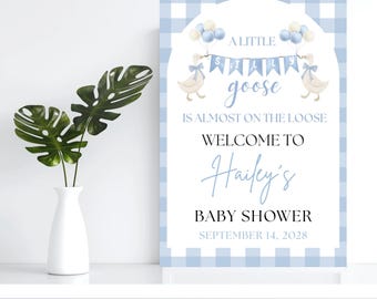 A Silly Goose Is Almost On The Loose Baby Shower Welcome Sign Blue Gingham, Edit in Canva