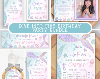 5つのマーメイドバースデーパーティーバンドル、マーメイド招待状パッケージ、Canvaで編集可能