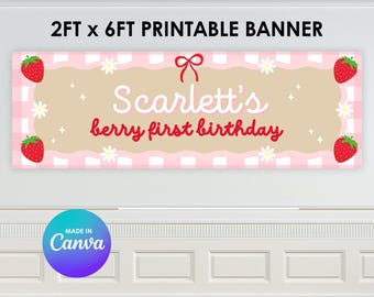 Berry First Birthday Printable Banner | Canva Template (Digital Download)