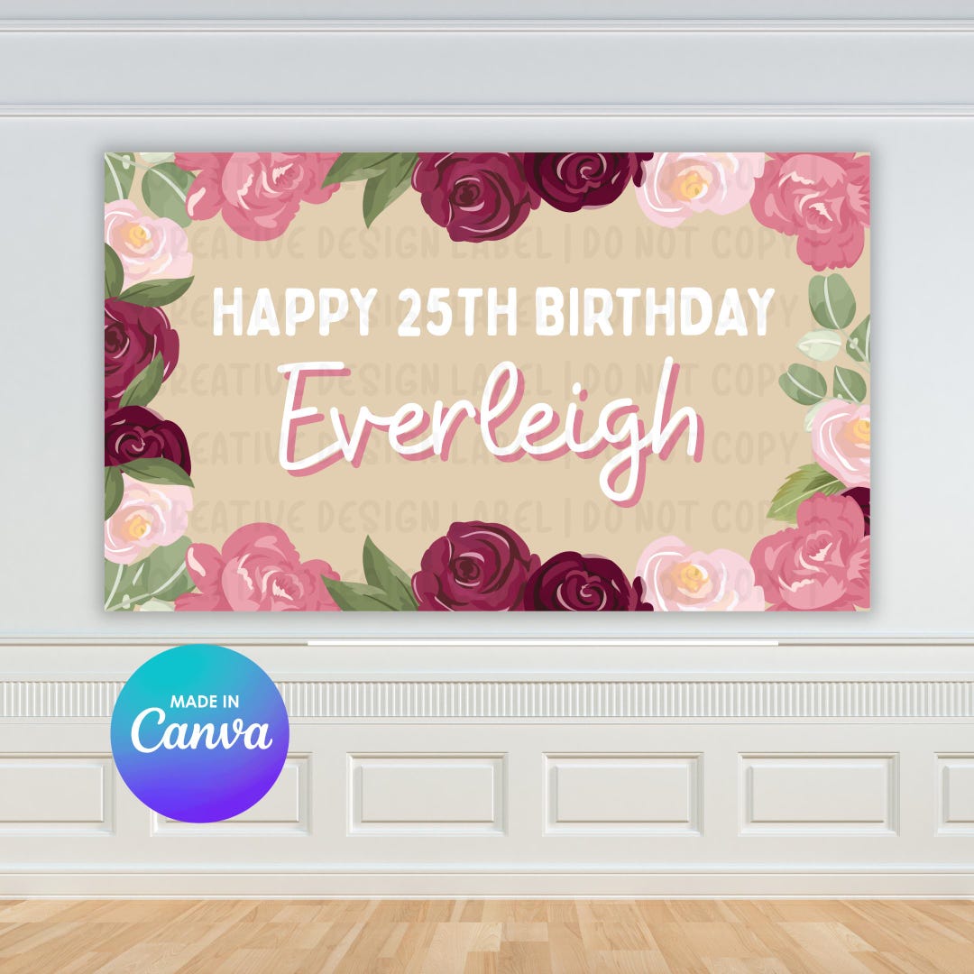 Pink and Maroon Floral Birthday Banner | DIY Canva Template (digital ...