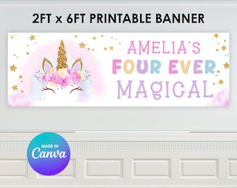 Banner de cumpleaños de unicornio mágico Four Ever / Plantilla editable de Canva (descarga digital)