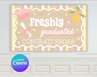卒業式用のピンクと黄色のレモンバナー | DIY Canvaテンプレート デジタルダウンロード