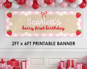 ベリーの1歳の誕生日用印刷可能バナー｜Canvaテンプレート（デジタルダウンロード）