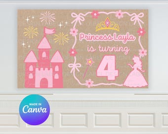 Pink Princess Birthday Banner | DIY Painted Sign Mockup Editable Canva Template (Digital Download)