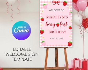 ベリーの1歳の誕生日ウェルカムサインテンプレート、イチゴの1歳の誕生日パーティーポスター、Canvaで編集