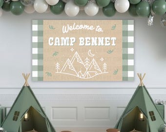 キャンプへようこそ！名前入り誕生日バナー｜ペイントサインモックアップ編集可能なCanvaテンプレート（デジタルダウンロード）