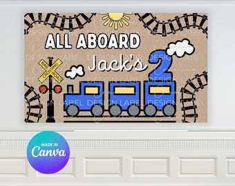 All Aboard Train Birthday Banner | DIY Painted Sign Mockup Editable Canva Template (Digital Download)