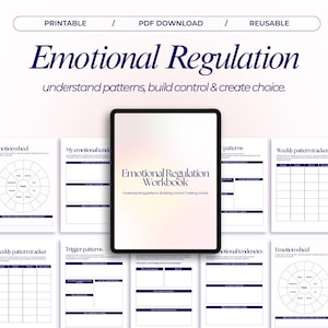 Może przedstawiać: Cyfrowy zeszyt ćwiczeń zatytułowany "Emotional Regulation" z podtytułem "understand patterns, build control & create choice." Obraz przedstawia tablet wyświetlający zeszyt ćwiczeń, otoczony drukowanymi arkuszami. Projekt jest minimalistyczny z białym tłem i granatowymi akcentami.
