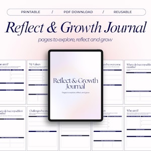 Puede incluir: Un diario digital titulado "Reflect & Growth Journal" con páginas para explorar, reflexionar y crecer. El diario se muestra en una tableta, rodeado de páginas de muestra con indicaciones. El diseño es minimalista con una paleta de colores suaves.