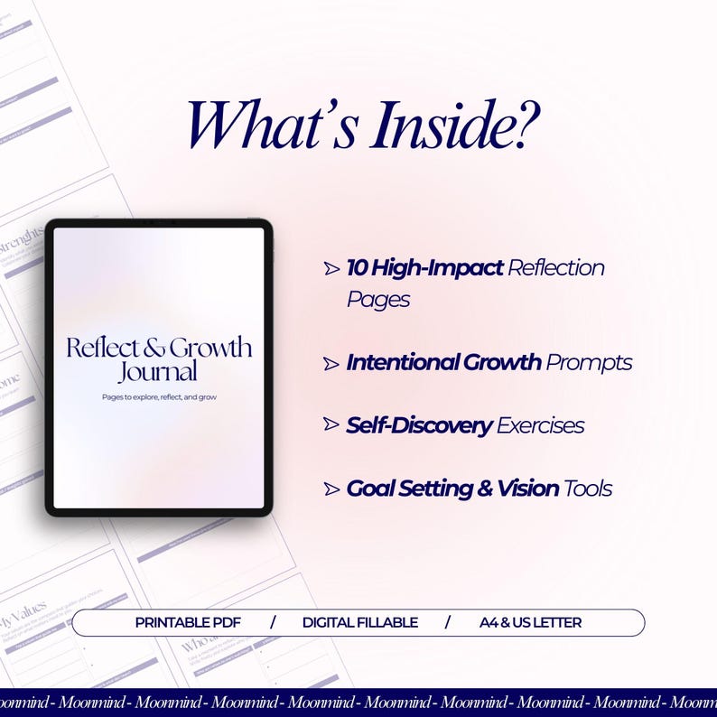 May include: A digital journal titled "Reflect & Growth Journal" with the text "Pages to explore, reflect, and grow." The journal includes 10 reflection pages, growth prompts, self-discovery exercises, and goal-setting tools. It is available as a printable PDF and digital fillable in A4 & US Letter sizes.