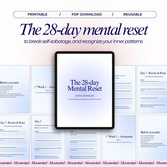 28-Day Mental Reset Workbook Self-Awareness Inner Work PDF Pattern