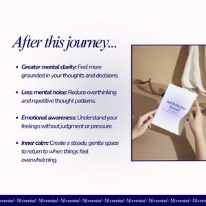 May include: A white journal titled "Self-Reflection Journal" is held open. Text on the left side lists benefits: greater mental clarity, less mental noise, emotional awareness, and inner calm. The journal is part of a self-care product line.