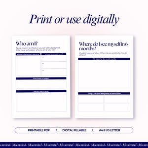 May include: Two-page printable PDF journal with prompts for self-reflection. The left page asks "Who am I?" and the right page asks "Where do I see myself in 6 months?" Includes the text "Print or use digitally."