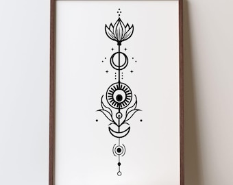 Póster de botánico lunar • Arte lineal minimalista de loto • Impresión celestial bohemia • Arte de pared ornamental con símbolo sagrado • Digital • Descarga instantánea •