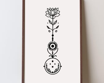 Arte lineal con símbolo de Moonmind • Artes espirituales minimalistas • Arte mural • Póster imprimible ornamental de tatuaje • Descarga instantánea • Productos digitales