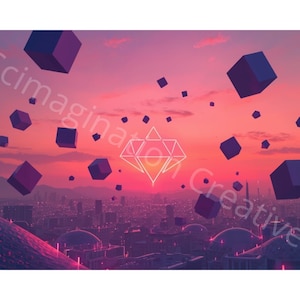 Peut inclure: Impression d'art numérique représentant un paysage urbain sous un coucher de soleil rose et orange. Des cubes bleu foncé flottants et une forme de diamant brillant sont mis en évidence. Le texte "Scimagination Creative" est visible.