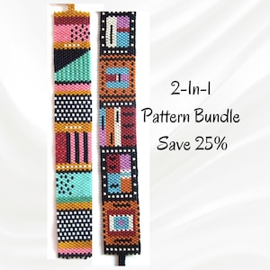 May include: Two vertical beaded strips featuring geometric patterns in pink, teal, black, white, and mustard yellow. The left strip has horizontal blocks of dots and stripes. The right strip has square frames with abstract shapes. Text reads 2-In-1 Pattern Bundle Save 25%.