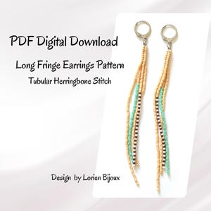 May include: A pair of long fringe earrings featuring beige, turquoise, and dark brown seed beads with silver-tone leverback hooks. The text reads: PDF Digital Download, Long Fringe Earrings Pattern, Tubular Herringbone Stitch, Design by Lorien Bijoux.