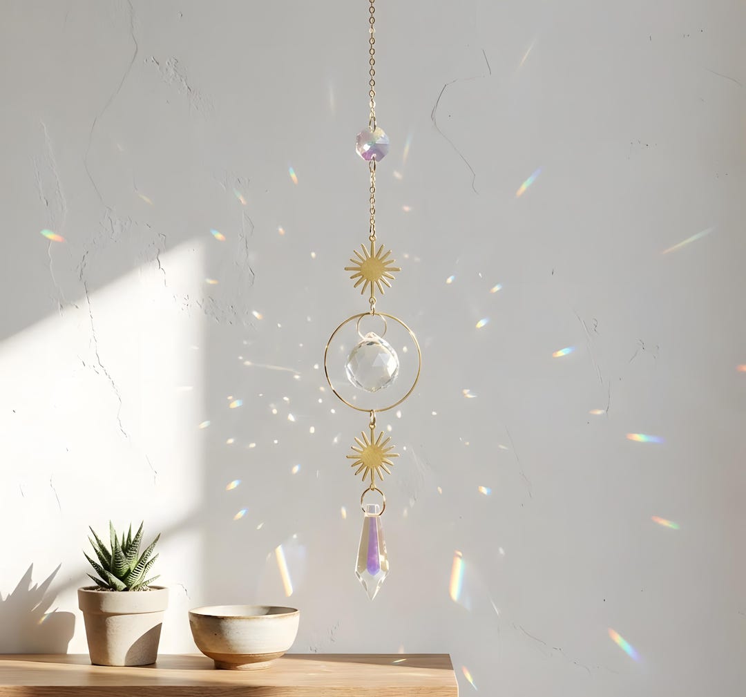 Celestial Star & Crystal Suncatcher - Minimalist Gold Suncatcher, Boho ...