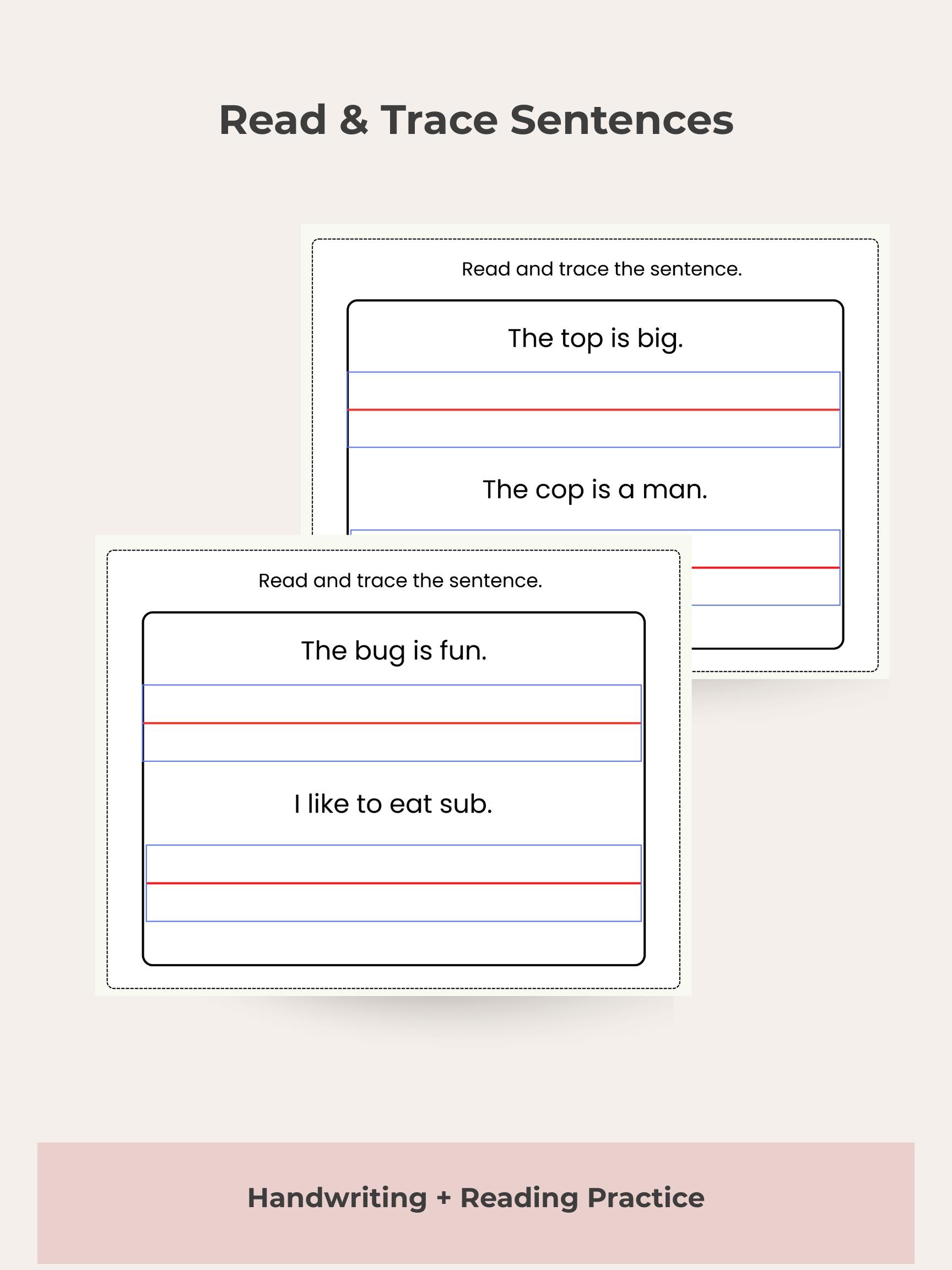 Sentence Trace Cvc 30+ Pages of Sentence Reading and Writing Practice for Kindergarten and ...