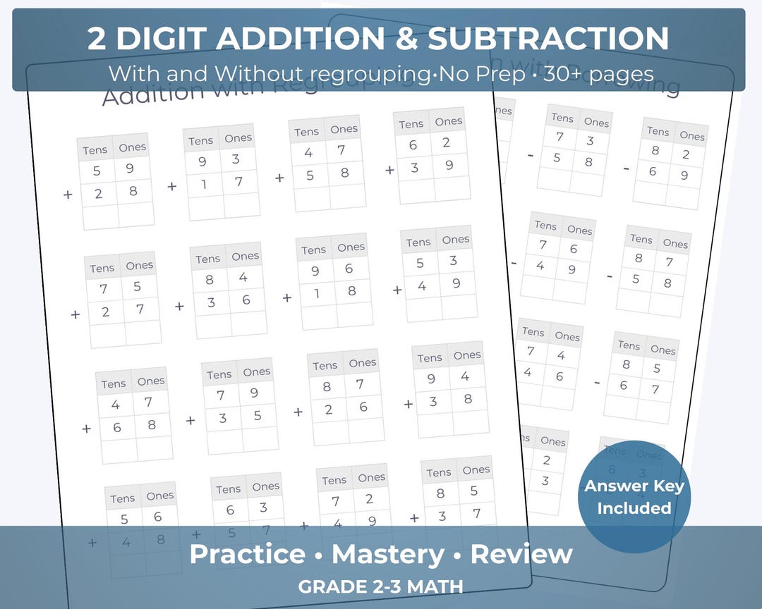 2 Digit Addition and Subtraction Workbook | With/without Regrouping ...