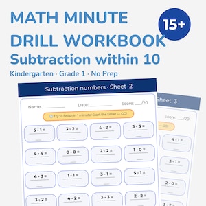 Pode incluir: Caderno de exercícios Math Minute Drill para subtração dentro de 10. O caderno inclui problemas de subtração para alunos do jardim de infância e da 1ª série. A imagem mostra uma folha de exercícios com problemas de subtração.