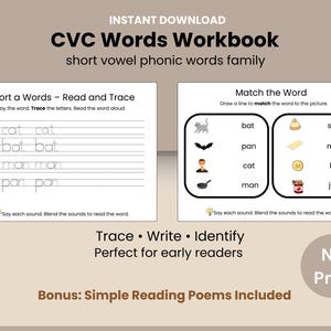 CVC単語ワークブック - 読み書きとトレースを学ぶ | 幼稚園・保育園児向けフォニックス | 印刷可能なPDF