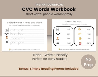 CVC Words Workbook- read, write , trace and build the short vowel words | at, an, ed, eg , in , it , un , um words | learn to read words