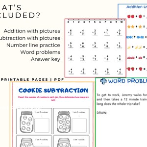 May include: Educational printable pages for kids, featuring addition, subtraction, number line practice, and word problems. Includes visual aids like pictures and cookie subtraction exercises. The pages are designed for early learning.
