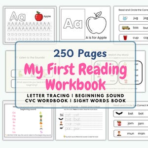May include: A children's workbook with the title "My First Reading Workbook" in pink letters. The workbook includes letter tracing, CVC word exercises, and sight word practice. Pages feature illustrations of apples, bats, and other objects.