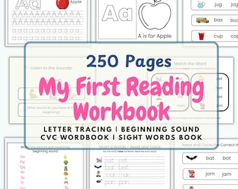 Cuaderno de trabajo para trazar letras y reconocer sonidos iniciales / Paquete imprimible de palabras CVC y 25 palabras de uso frecuente / Actividades de lectura para preescolar y jardín de infantes