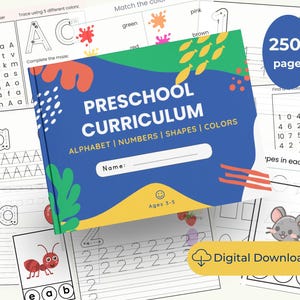 May include: A preschool curriculum workbook with a blue cover featuring the text Preschool Curriculum, Alphabet, Numbers, Shapes, Colors, Name, and Ages 3-5. The cover has colorful abstract shapes and is surrounded by various educational activity pages.