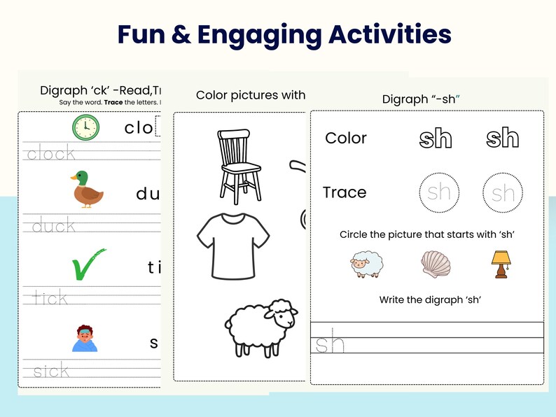 Digraph Worksheets Kindergarten Phonics Workbook | Sh Ch Th Wh Ph Ck ...